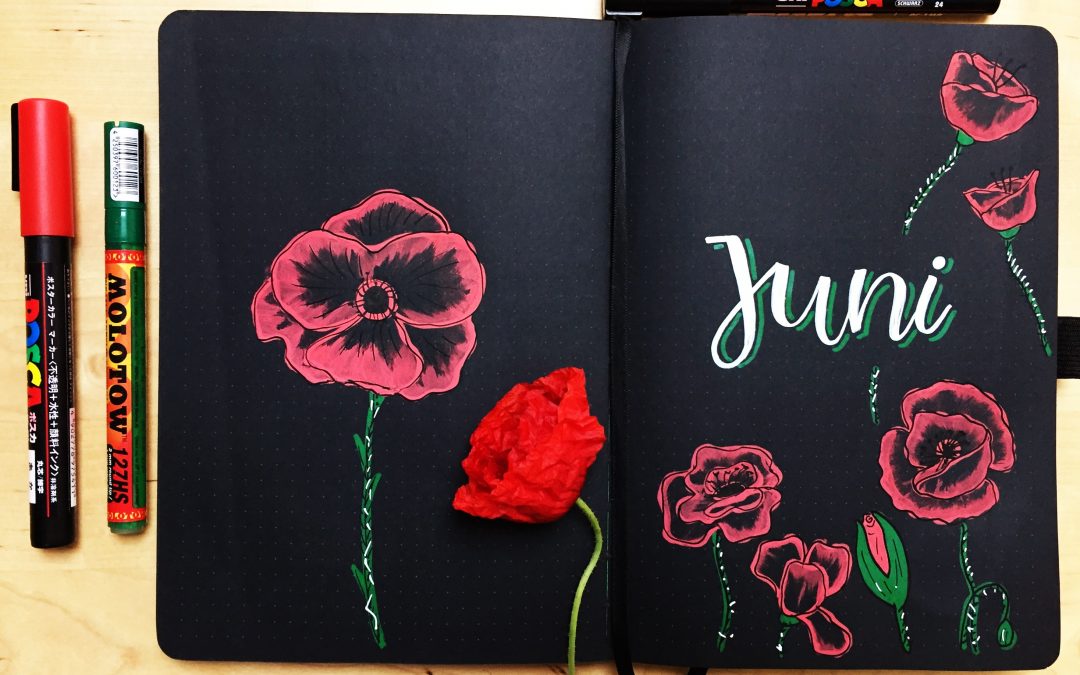 Klaprozen tekenen in bullet journal met zwart papier