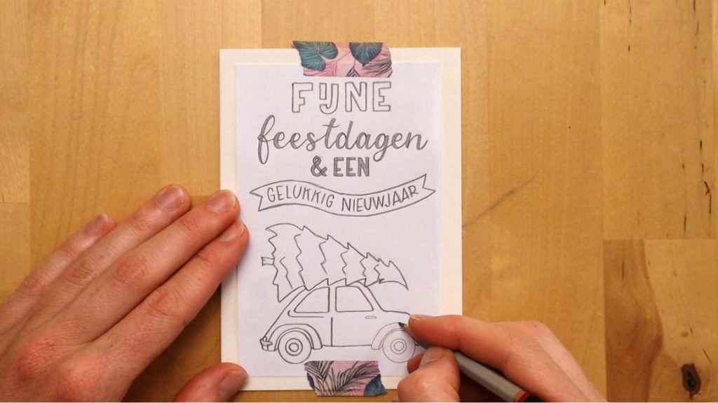 kerstkaart-handletteren-rode-auto-kerstboom-stap-2