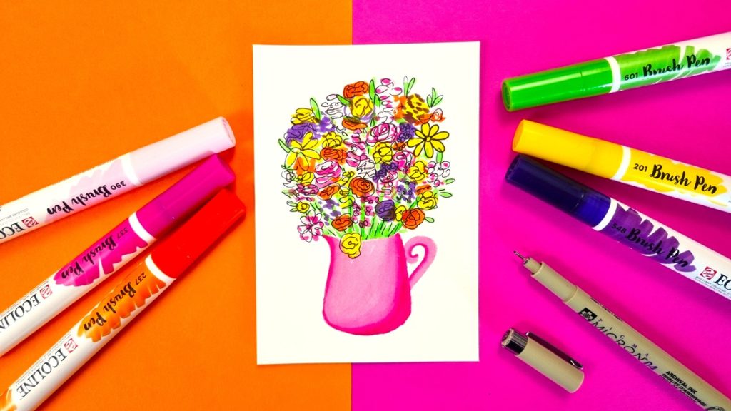 bloemen-bloemenvaas-ecoline-brushpennen-tekenen